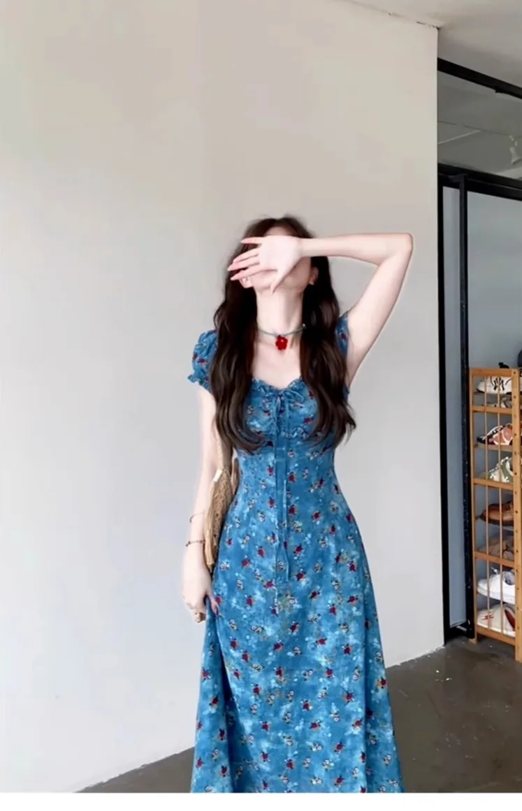 Vestidos de manga curta das mulheres noite 2025 mulher primavera gaze frisado em camadas puff manga império cintura cottagecore fairycore fofo