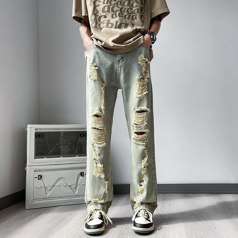 

2024 Fashion Men's Spring Summer Streetwear Ripped Loose Jeans Male Hole Casual Straight Trousers Men Wide Leg Denim Pants F194