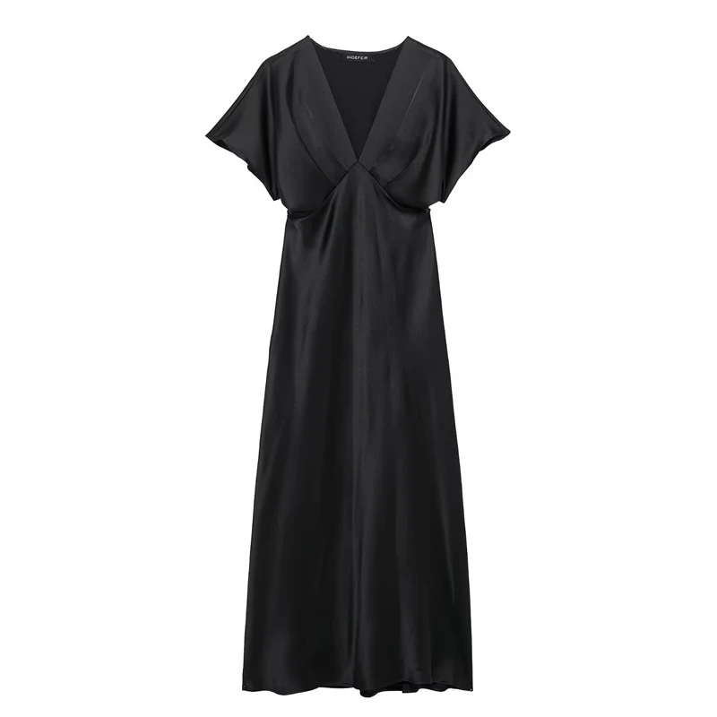 Satin-Midikleid im Frühjahr 2025, neue Ankunft, elegante Alltagskleidung, Party, schmale Passform, Damenkleider, einfarbig, Büro-Cocktailkleidung