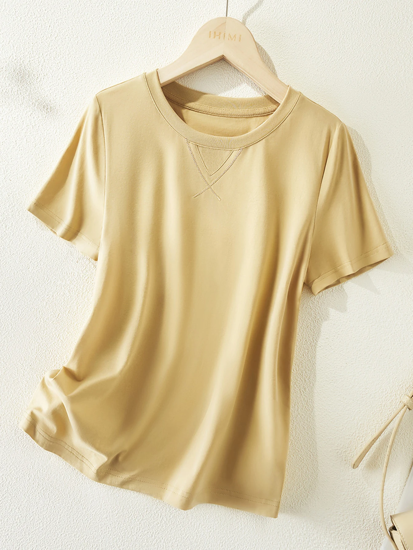 

Ladies Round Neck Simple Versatile T-shirt Fashion Ribbed Splicing T-shirts 2024 Summer solid colour short-sleeved T-shirt