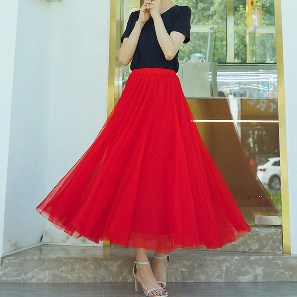 

70-90cm Length Big Swing Tulle Skirt Women Autumn Winter Korean Cute Green Gray Black Long Tutu Skirt Faldas Mujer