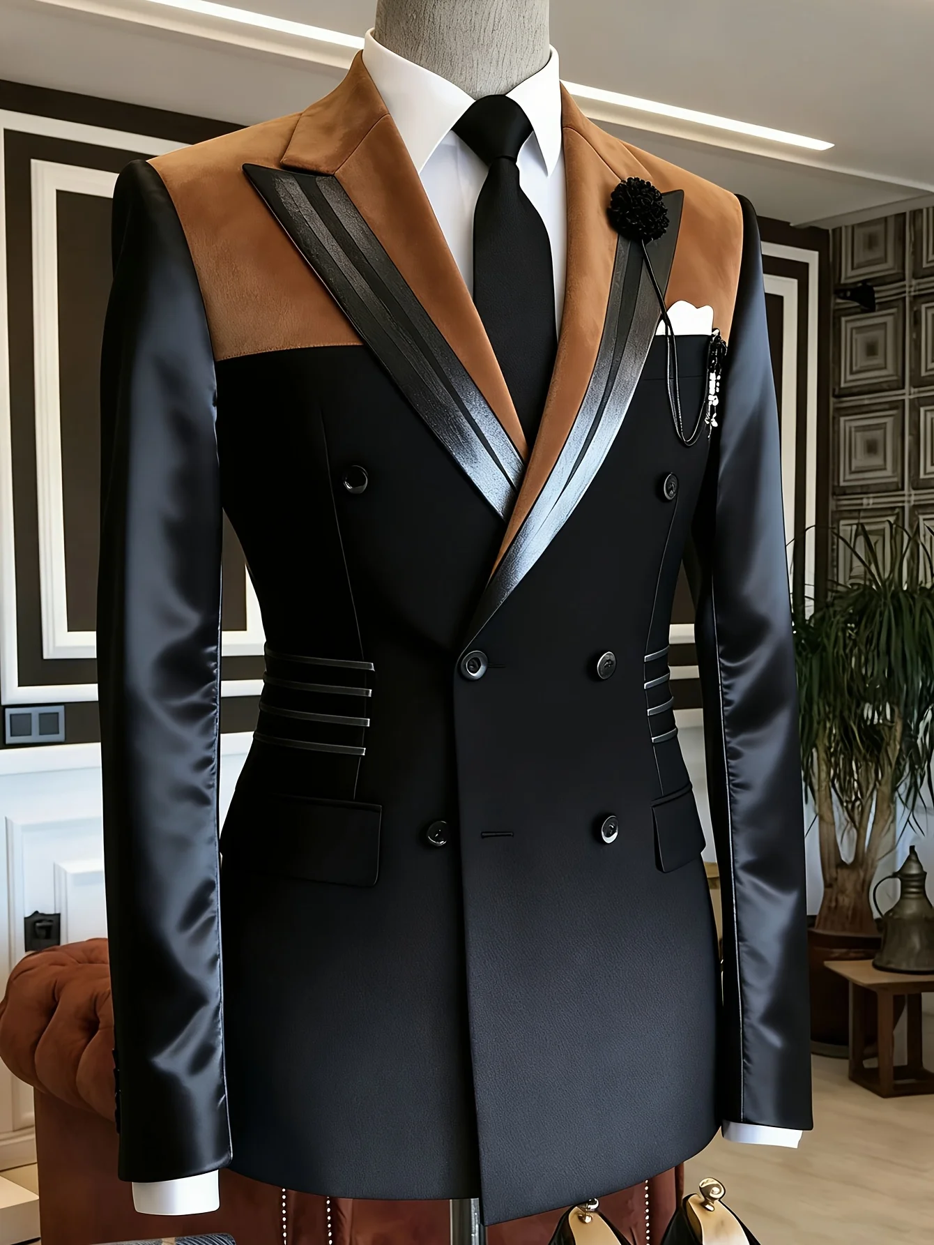 

Men Black Satin Sleeve Double Breasted Blazer Brown Suede Shoulder Lapel Waist Strip Decor Slim Fit Wedding Groom Stage Formal T