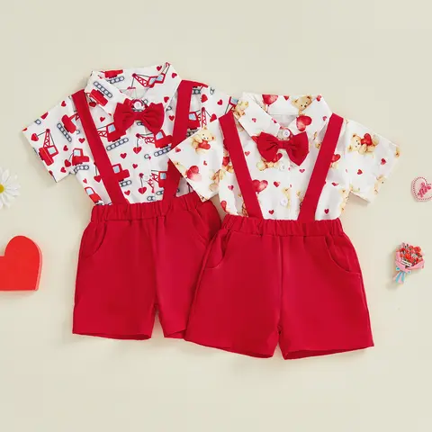 Citgeett Summer Valentine's Day Infant Baby Boy Outfit Heart Short Sleeve Bowtie Romper Suspender Shorts Clothes Set