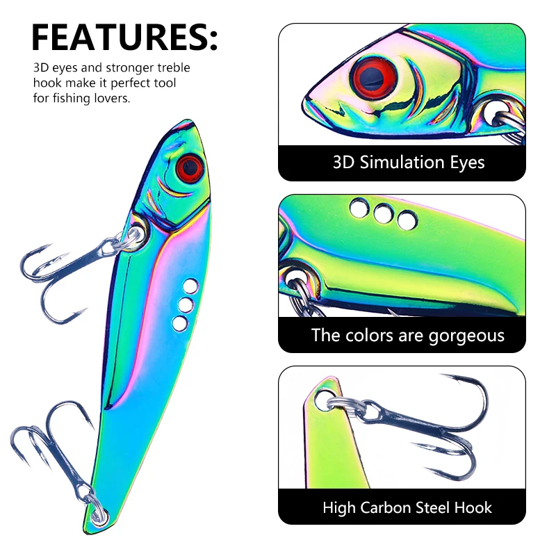1Pc Metal Jig Bait Spinner 3D Eye Color Laser Spinning Gear Luring Cast Fishing Tackle Blade Hook Pesca VIB Lure Artificial Bait