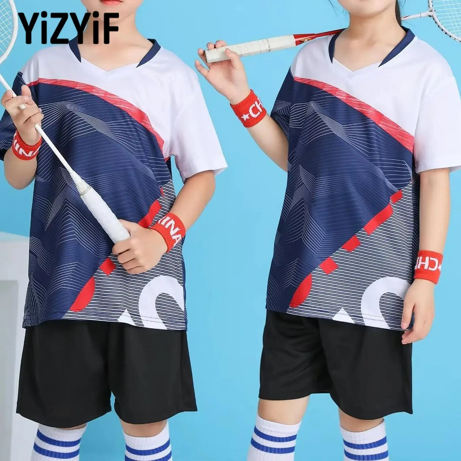 

Boys Stretch Soccer Uniform Football Badminton Training Workout Outfit Breathable V-Neck Short Sleeve T-shirt+Shorts Sports Suit