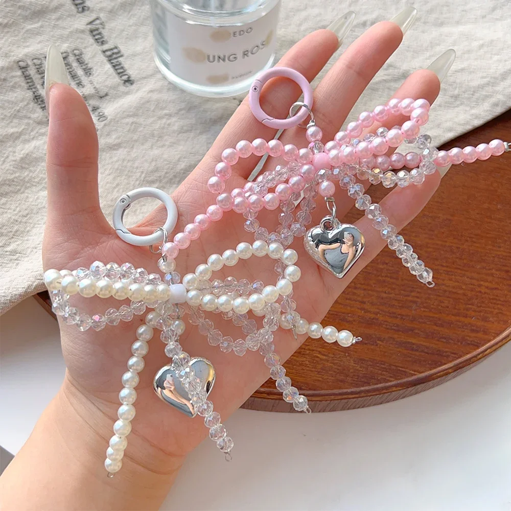 Y2K Lattice Ribbon Bowknot Pearls Bag Pendant Charm Heart Keychain Elegant Beaded Keyring Sweet Key Chain Phone Key Bag Hangings