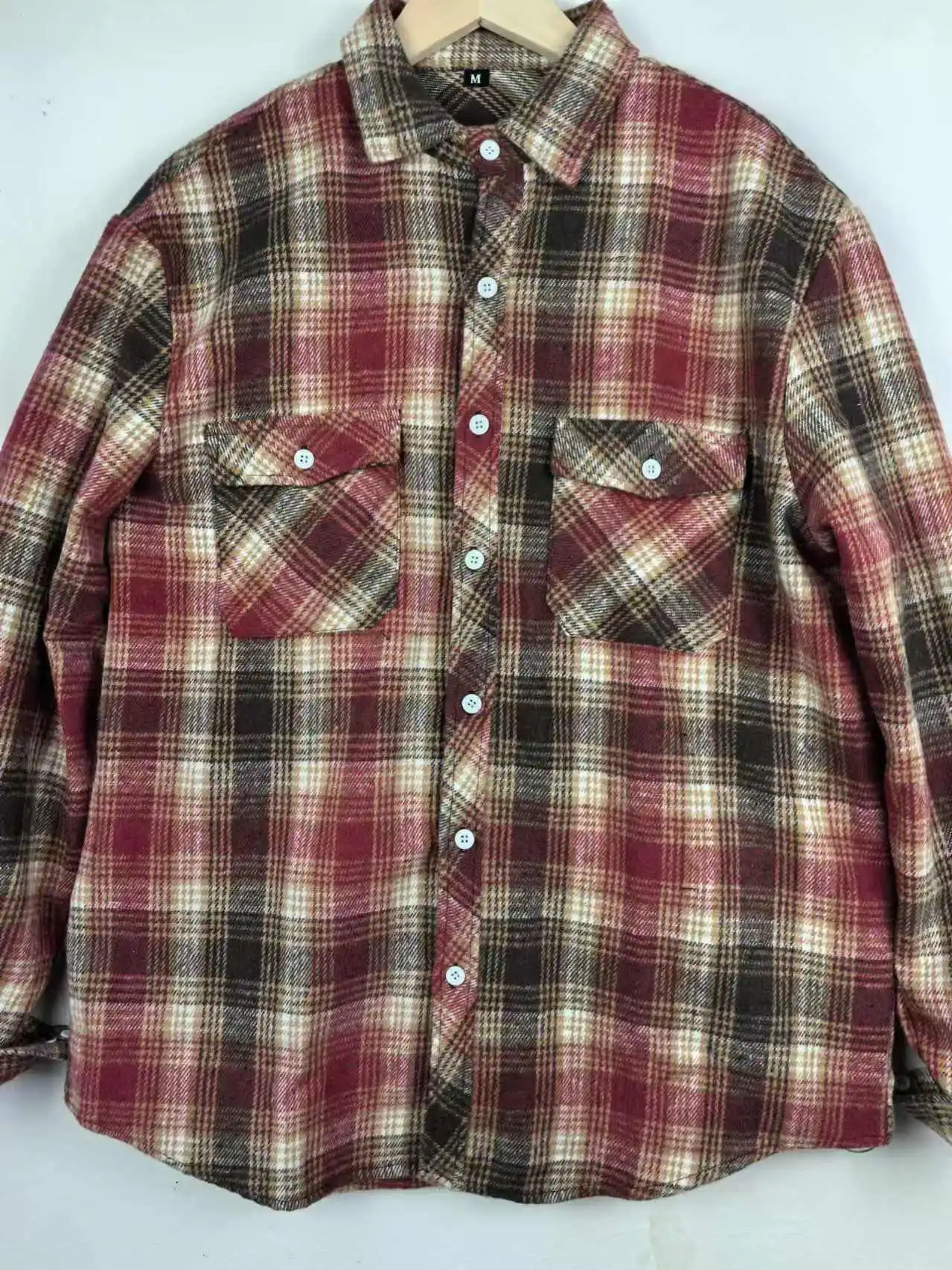 

Autumn Retro Tooling Plaid Shirt Men's Fashion Frosted Flannel Pure Cotton Washed Old Pocket Long Sleeve Casual Blouses