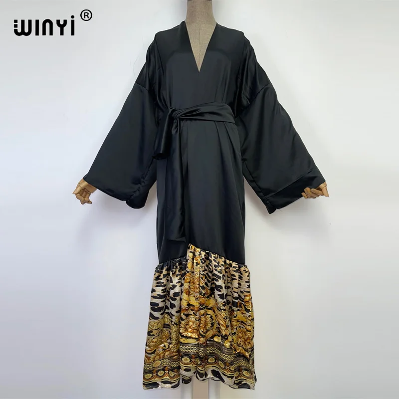 WINYI 2022 Women Cardigan stitch Cocktail Boho Maxi African Holiday kimono Monochrome mosaic Seasons long dress Robe with belt