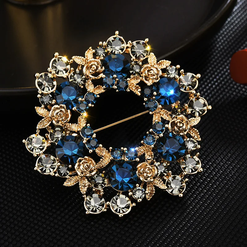women retro crystal round brooch wreath pins accessories