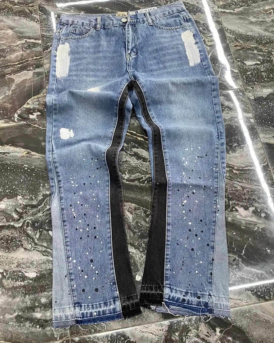 American Streetwear Splashed Ink Patchwork Baggy Jeans Men Women Clothing Tie Dye Trendy Pants Straight Slim Micro-flard Pants