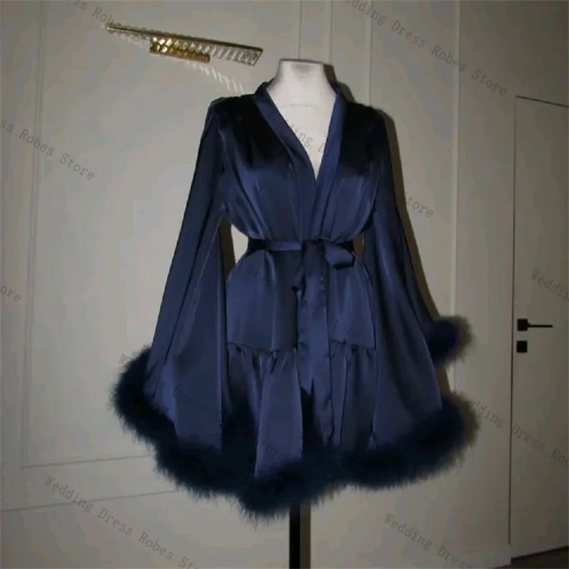 Vestido de fiesta de plumas de satén azul para mujer, para sesión de fotos, Mini batas cortas sexis con cinturón para la mañana, vestido de noche, ropa de dormir personalizada