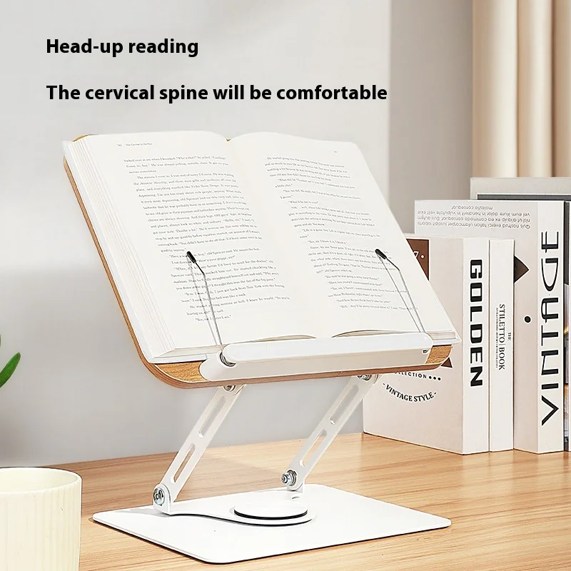Adjustable Folding Book Holder Stand Desktop Riser Reading Rack with 360° Rotating Base Wood Multi-functional Tablet Stand