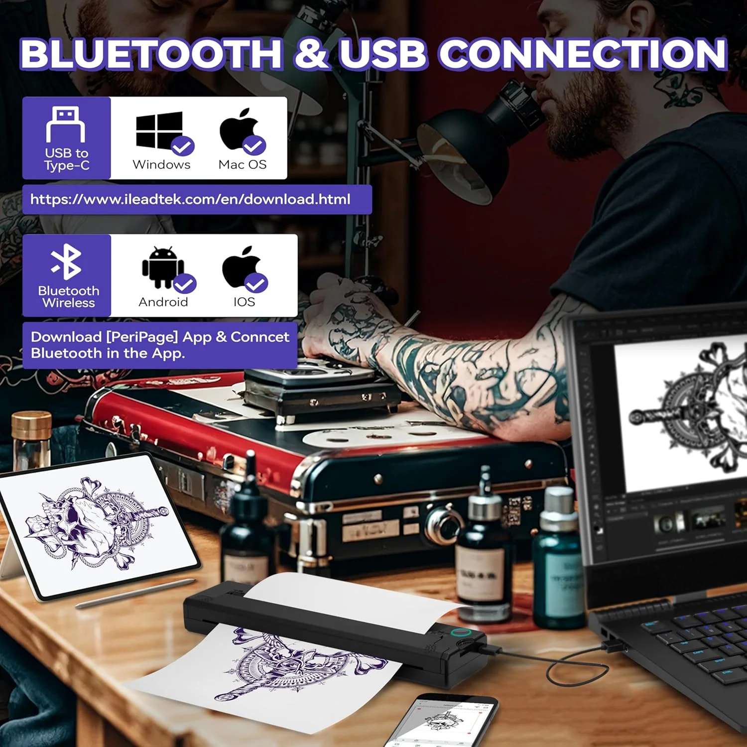 A4 Portable Thermal Tattoo Template Printer, Inkless Tattoo Stencil Transfer Maker, Rechargeable, Compatible with phone,PC