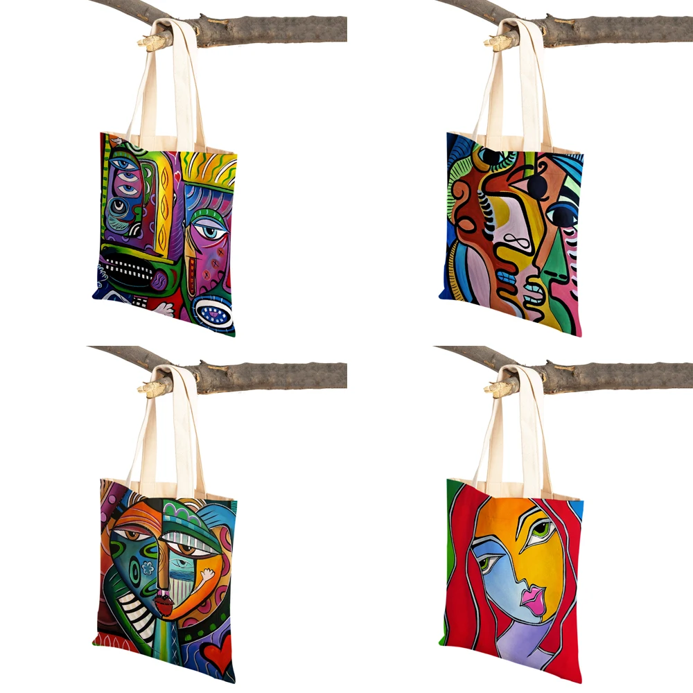 Fashion Colorful Abstract Painting Women Canvas School Bag Shopping Shoulder Bag Both Sided Cartoon Girl Tote Travel Handbag