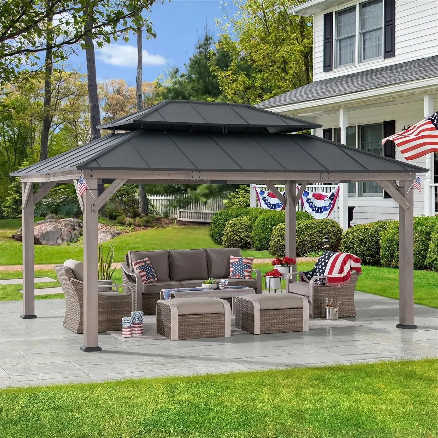 12 x 16 ft. Wood Gazebo, Outdoor Patio Hardtop Gazebo, Standard Cedar Framed Wooden Gazebo with 2-tier Metal Roof