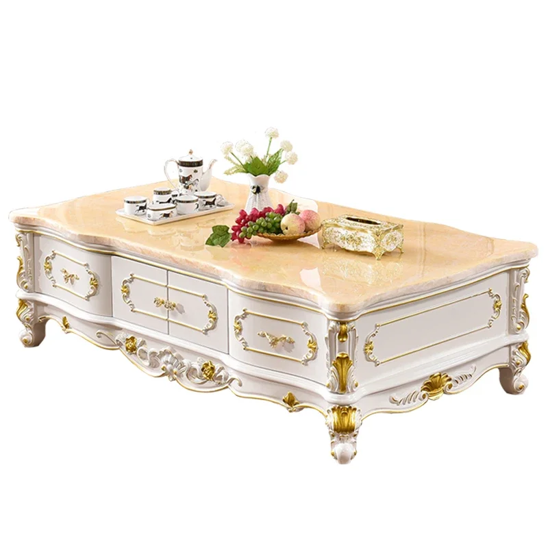 European-style marble coffee table TV cabinet All solid wood carved coffee table living room TV cabinet combination painted