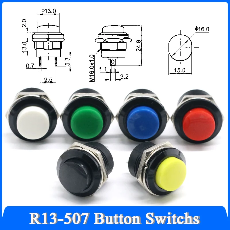 

2/5/10/30/50/100pcs R13-507 Momentary Push Button Switch 6A/125VAC 3A/250VAC Dia.16mm Momentary Round Power Switches