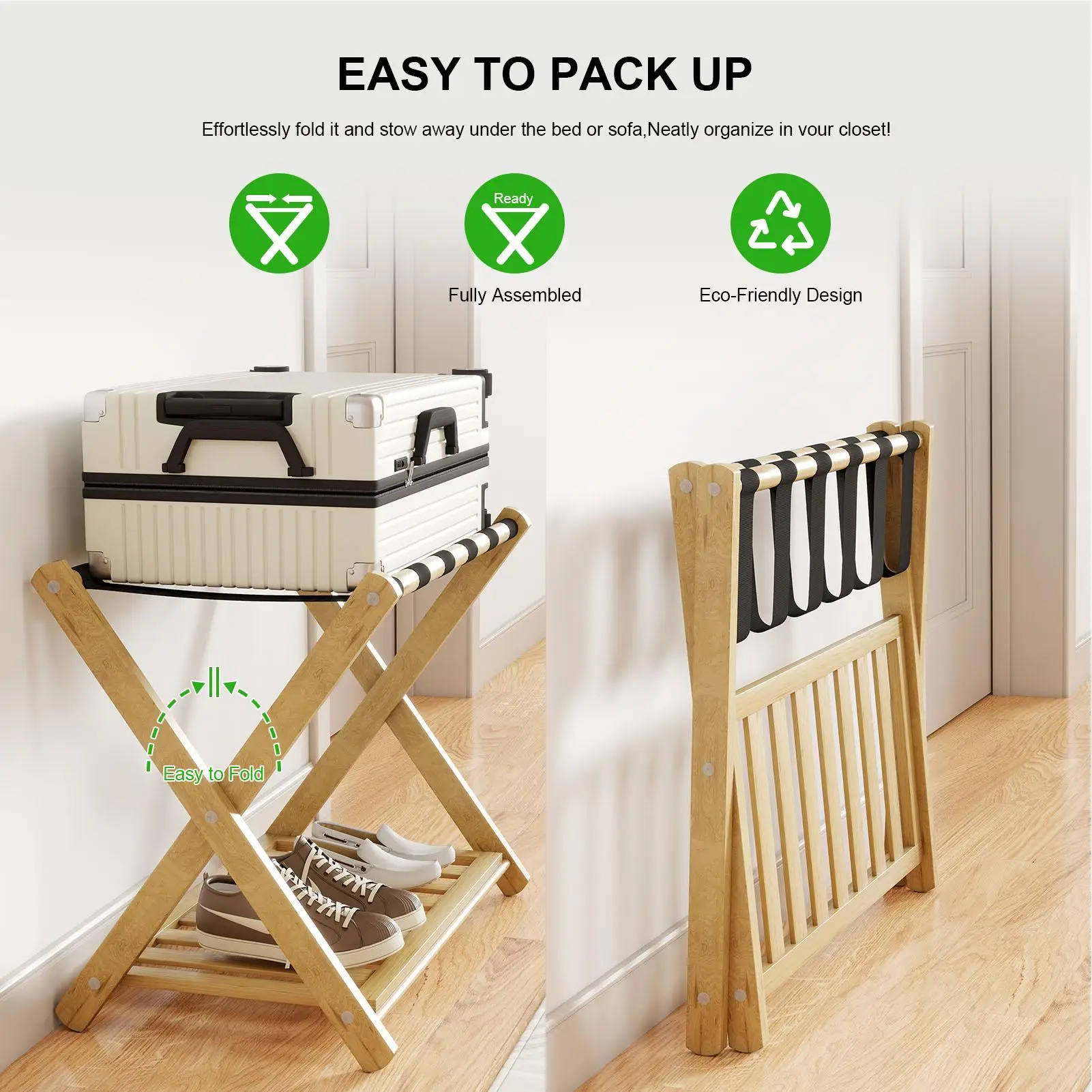 

Широкий бамбуковый багажник с полкой для хранения, складная подставка для чемодана 26,77 дюйма для гостиничного номера, натуральный утолщенный держатель