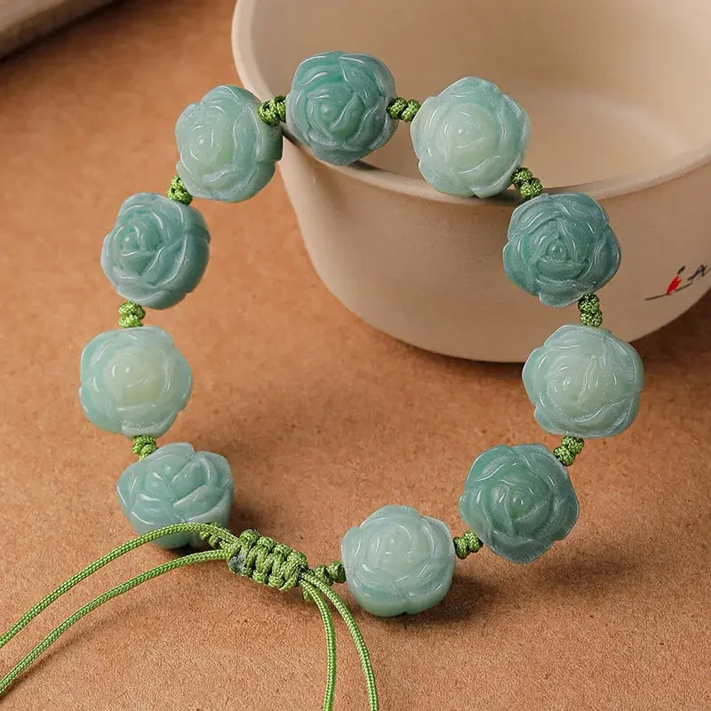Camellia Bracelet White Jade Bodhi Carved Hand-woven Gift Warm Temperament New National Style Hand String Wen Play Buddha Beads