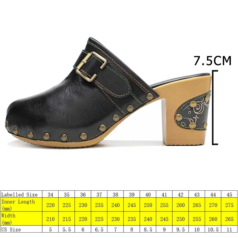 Koznoy 7,5 cm Schaffell Frauen Leder Chunky Heels Große Größe Mokassins Metall Dekoration Clogs Sandalen Ethnische Sommer Hausschuhe Schuhe