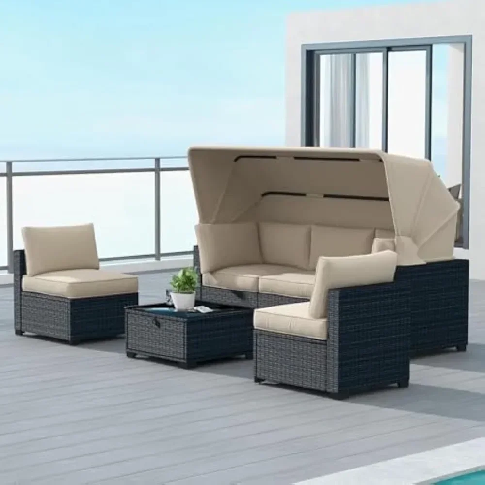 6pcs Outdoor Rattan Wicker Furniture, Patio Furniture Set with Waterproof Cushions, Reinforced Glass Table, Canopy
