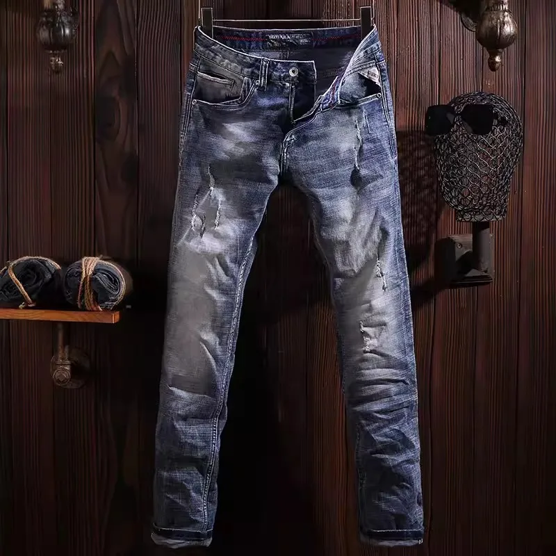 

Fashion Streetwear Men Jeans High Quality Retro Washed Blue Stretch Slim Fit Ripped Jeans Men Vintage Designer Denim Pants Homme