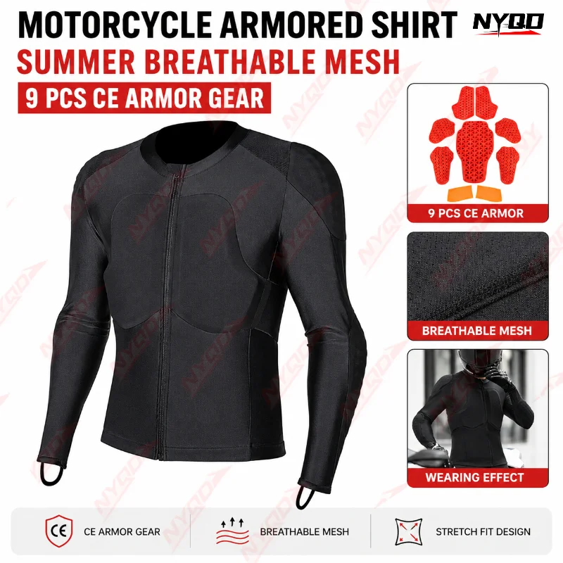 Motorcycle Armored Shirt Summer Breathable Mesh Riding Jacket CE Armor Protective Inner Gear 9 Armor Pads Men Black SKJ868