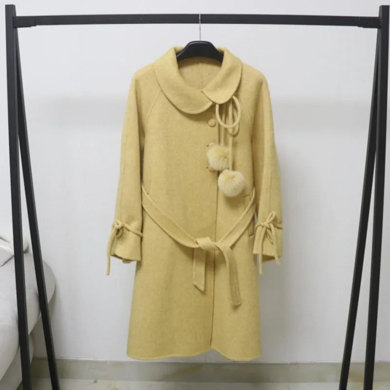 

Women's Autumn Winter Elegant Peter Pan Collar Long Sleeve Wool Coat Lady Streetwear Sweet Single Breasted Warm Wool Outwear