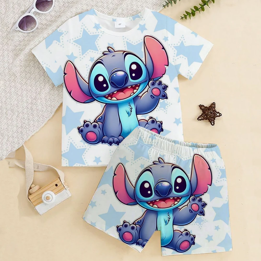 

Lilo And Stitch Children T-shirt Summer New Kids Girls Clothing of Cotton Children's Short-sleeved Pants Two-piece Suit 2-16Y