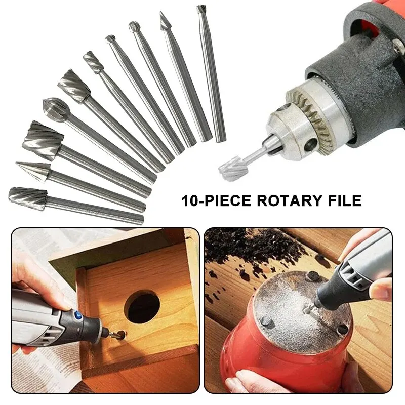 10pc HSS Woodwork Rotary File Handmade DIY Electric Grind and Grinding Head Engrave and Mill Cutter Natural Color Drill Bit Set