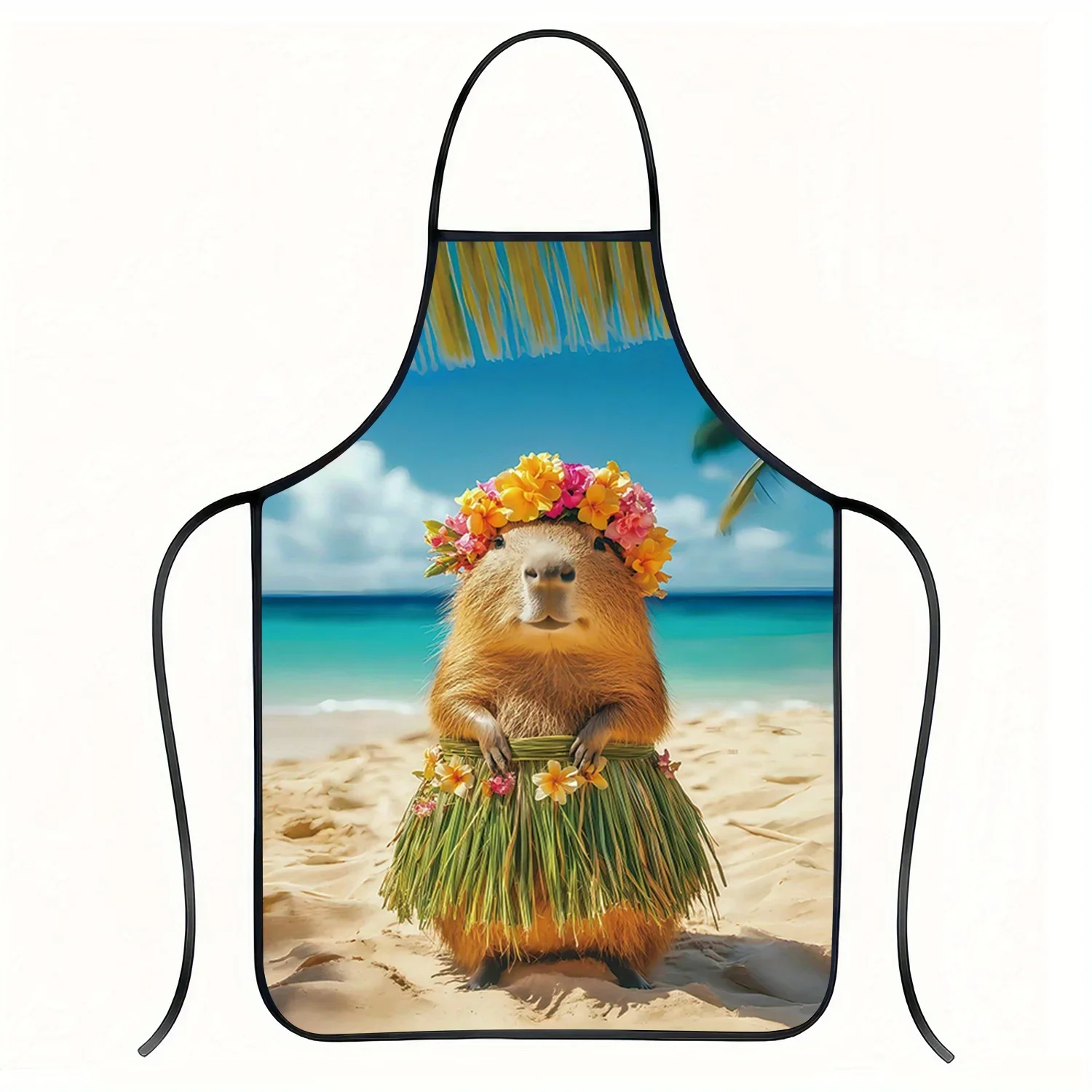 1pc Whimsical Capybara Print Apron - Tropical Beach Design with Floral Lei Grass Skirt Thick Polyester, Durable 2D Non-3D