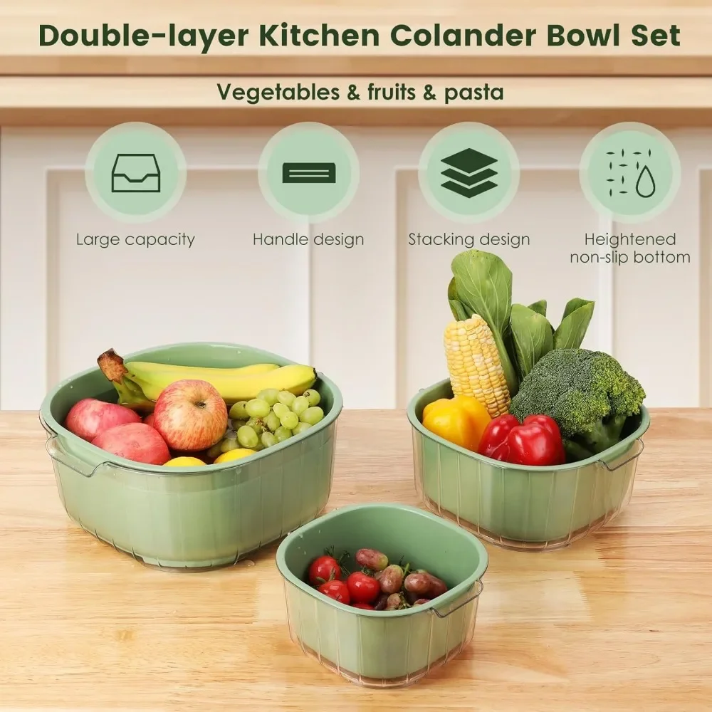 Filtri e sottolini grandi da 8,2 litri, 3 set di filtri in plastica 2 in 1 a doppio strato per cucina, frutta e verdura senza BPA