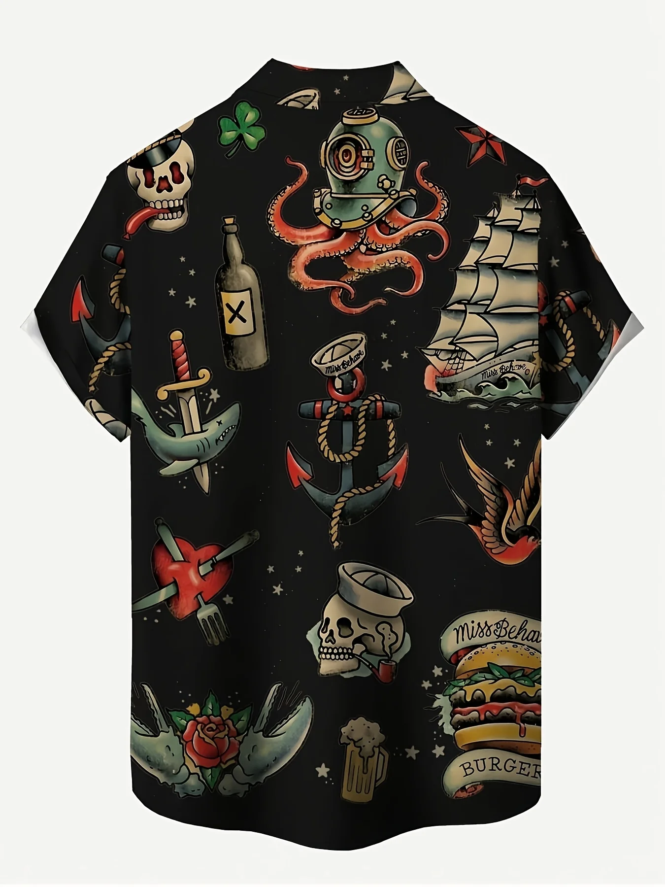 Men Vintage Sailor Tattoo‑style Skull Anchor Ship Print Short Sleeve Shirt Lapel Button‑up Vacation Casual Top