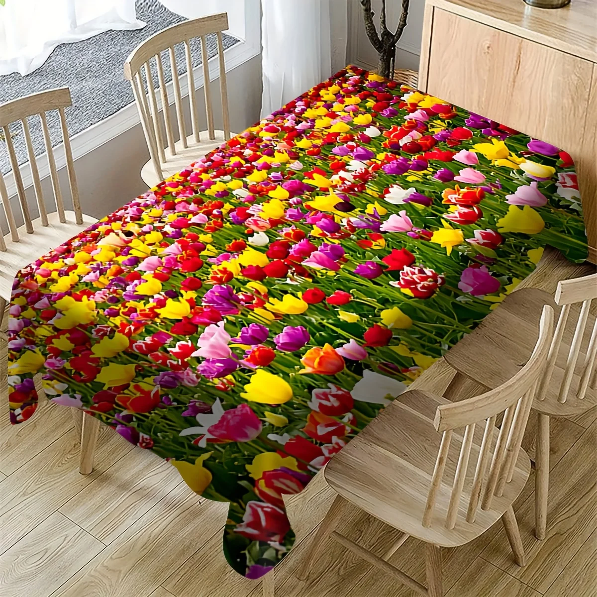 A Vibrant Polyester Tablecloth Featuring a Tulip Pattern, Machine-Made, Large Size, Easy to Clean - Perfect for Spring And Summer Decor, Picnics, Festive Gatherings, And Room Decoration, Picnic Table Cover | Lively Tablecloth | Durable Table Cover
