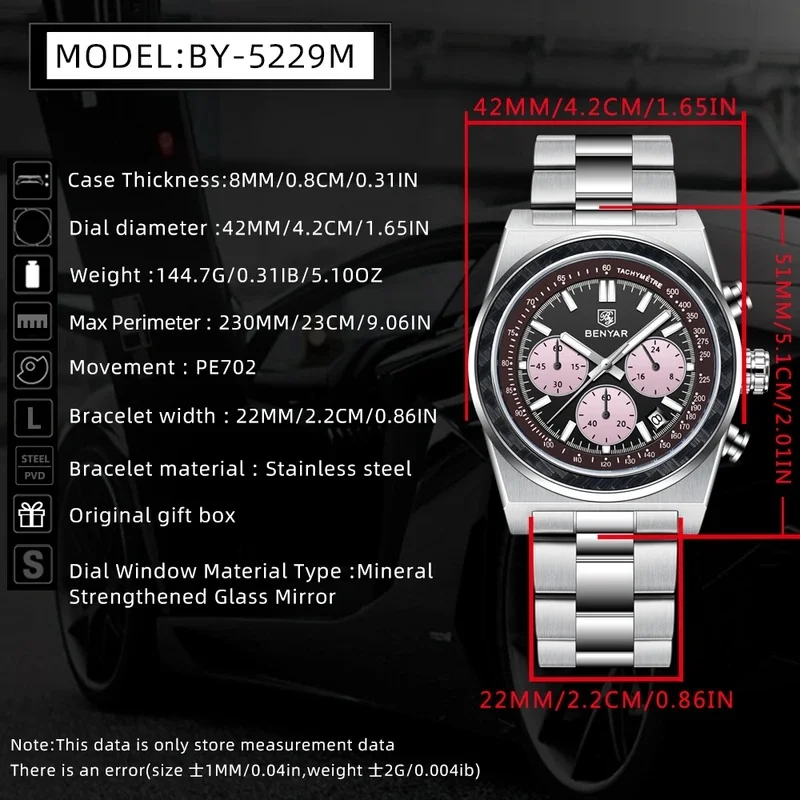 BENYAR Chronograph Quartz Watch 42MM Racing Sport Wristwatch Carbon Fiber Bezel Stainless Steel Luminous Male Calendar Watch