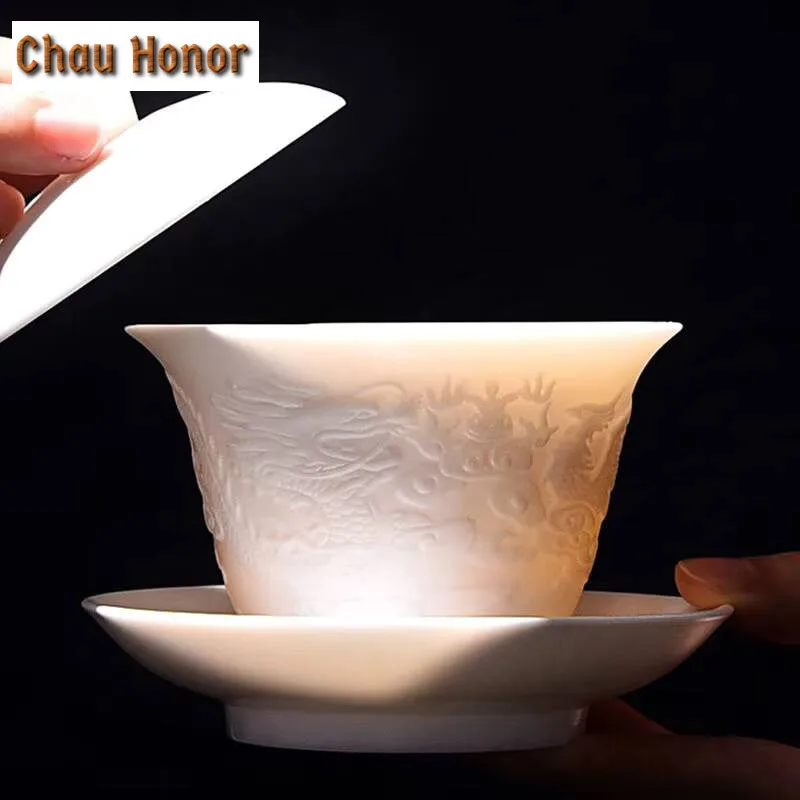 Mutton Fat Jade White Porcelain Gaiwan Vintage Tea Tureen Tea Bowl with Lid Kit Tea Maker Cover Bowl Tea Services Supplies Gift