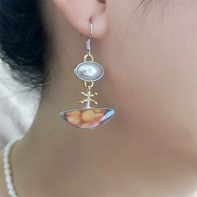 Ethnic Orange Color Stone Asymmetric Irregular Pearl Drop Dangle Earrings for Women Birthday Party Fashion Custom Jewelry