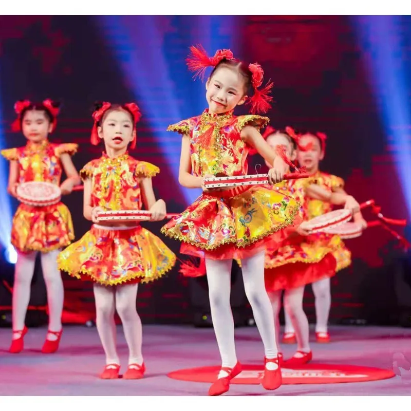 

61 children's rap Chinese red festive wind drum performance clothes Little Mengwa girls Taiping drum dance performance clothes
