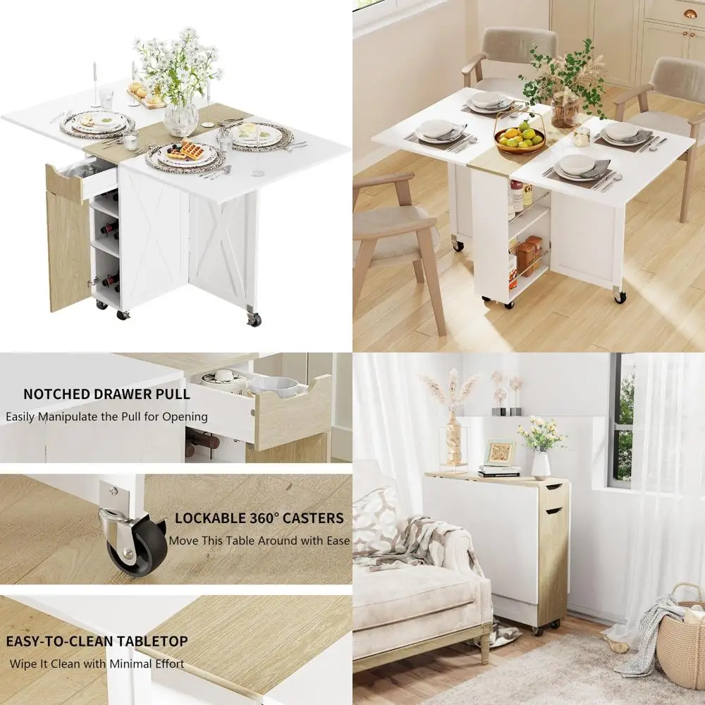طاولة طعام قابلة للطي موفرة للمساحة مع 6 عجلات وتخزين ذات طابقين لاستخدام المطبخ