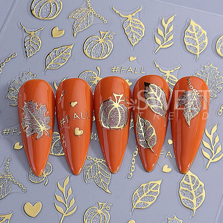 2 stuks glitter pompoen nail art stickers herfst glanzende herfstbladeren ontwerpen 3D zelfklevende nagelstickers DIY manicure decoratie