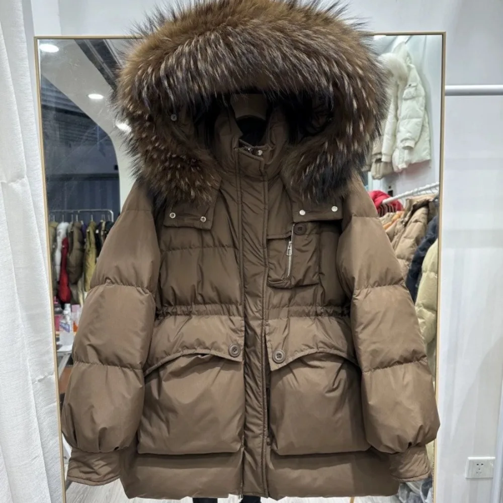 MENINA 중간 길이 후드 플러피 패딩 재킷 여성용 2025 겨울 상의 두꺼운 따뜻한 리얼 라쿤 퍼 덕 다운 코트