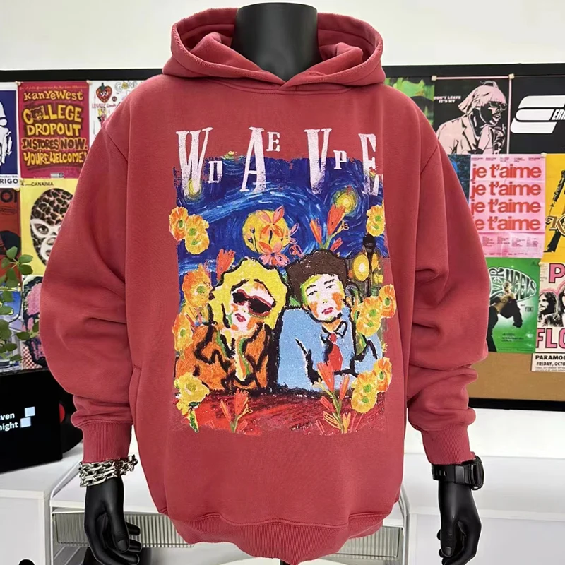 Hip Hop Men Streetwear Hoodie Crayon Hand Drawn Cartoon Anime Pullovers Y2k Black Red Wash Do Old Fleece Sweatshirts Oversize