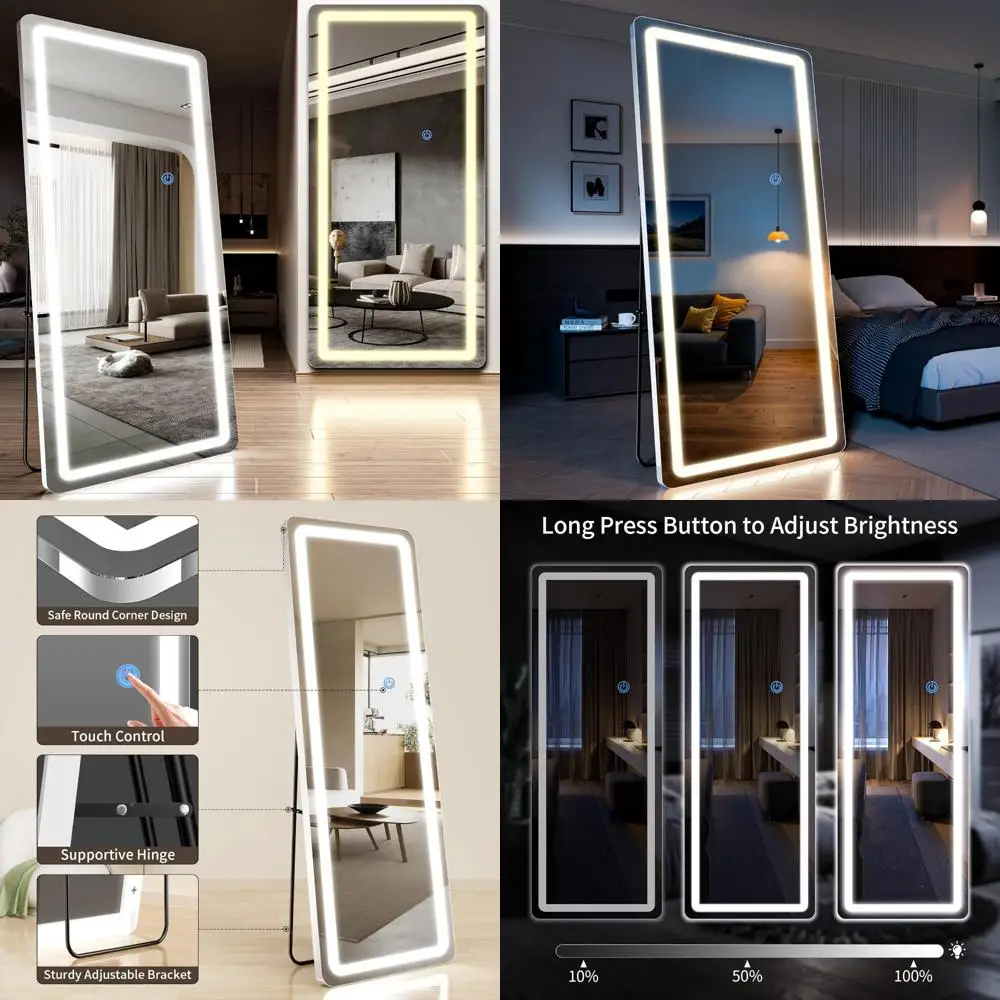 Dimmable Full-Length Floor Mirror with Rounded Corners, 3 Color Modes, 76x34 inches, Full Body Mirror Stand