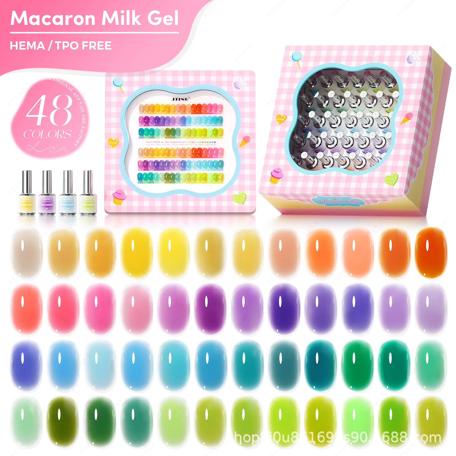 Jting 48 Color Translucent Macaron Color Gel Nail Polish Set With Display Card Varnish Jelly Clear Gel Nail Art LED&UV Syrup Gel