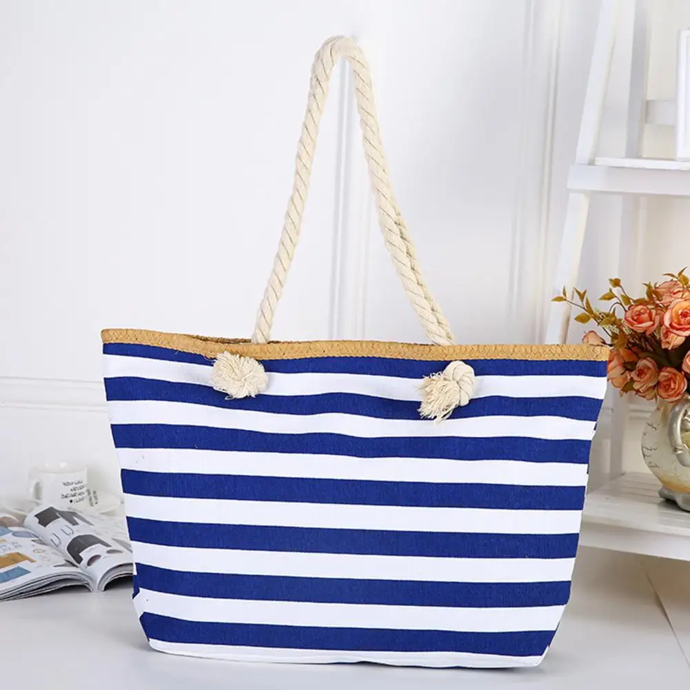 

Canvas Shoulder Bags Striped Handheld Thick Rope Handles Large Capacity Shopping Tote Zipper Shopping Pouch Travel Handbags