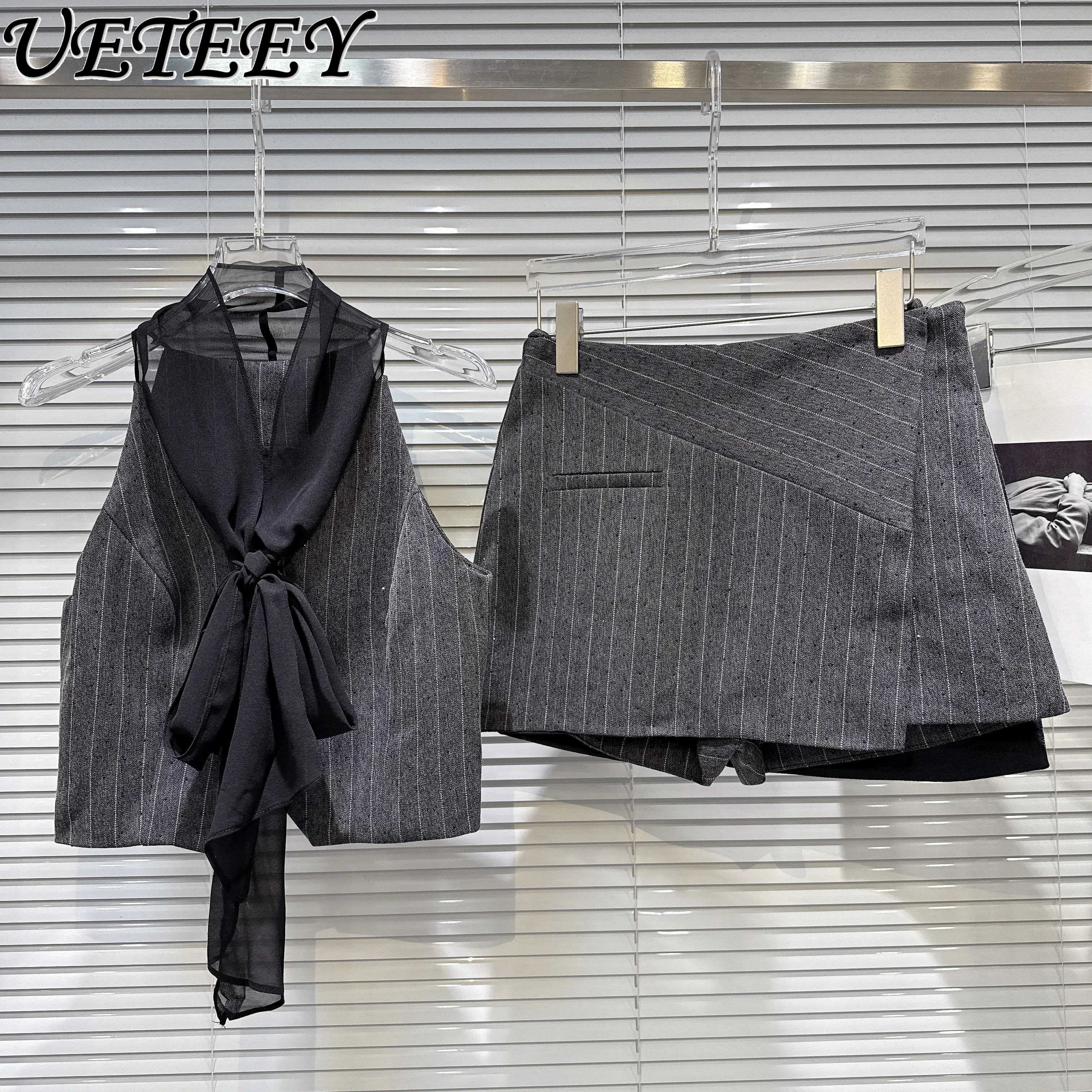 

2025 Summer New Mesh Scarf Bow Striped Suspender Vest Top + Suit Shorts Skirt Set High Waist Slim Sexy Skirt 2-piece Set Women