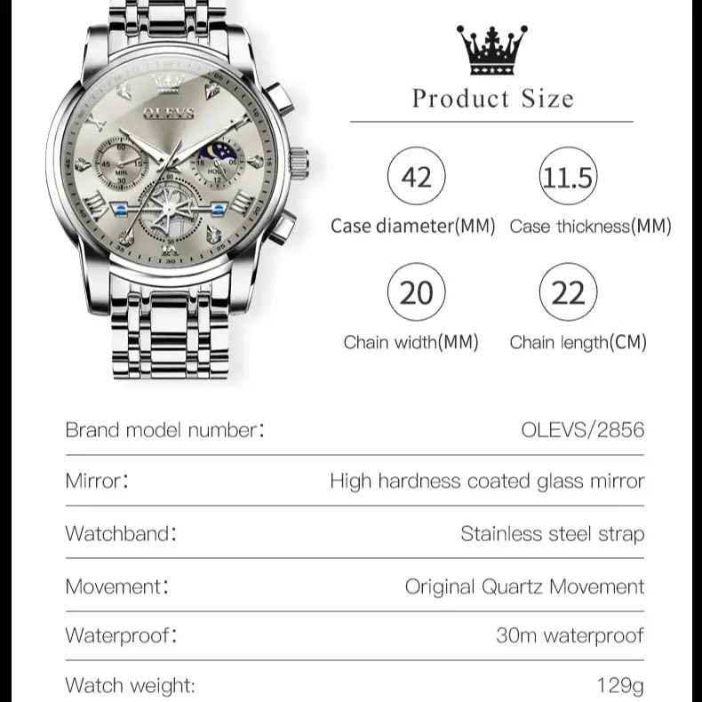 OLEVS Top Brand Men\'s Watches Fashion Trend Original Quartz Wristwatch Multifunctional Chronograph Waterproof Jubilee Strap Moon