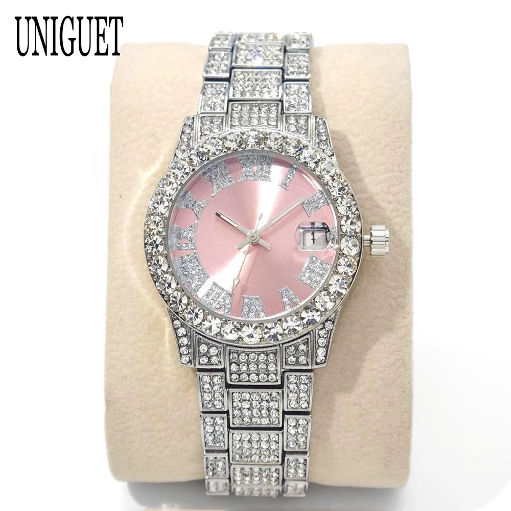

Hot Fashion Luxury Brand UNIGUET Womens Watch Elegant Pink Diamond Small Dial BlingBling Quartz Ladies Mini Iced Wristwatch Gift