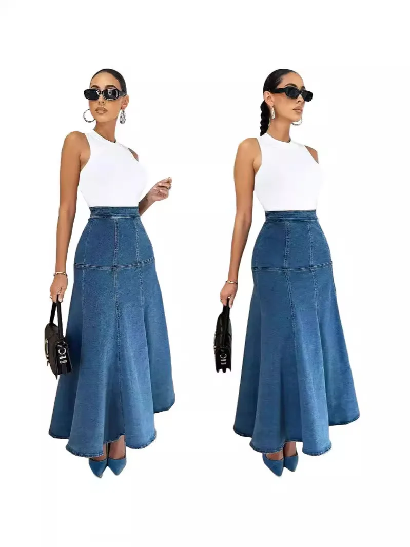 

Denim Skirts Women Long Skirt Strecth High Waist Distressed Vintage Washed Zipper 2025 Female Autumn A Line Casual Streetwear