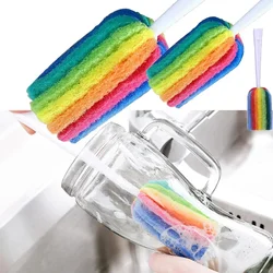 Long Handle Sponge Brush Washing Dishes Tea Coffee Glass Cup Bottle Household Cleaning Tool Rainbow Scouring Cloth Cup Brush